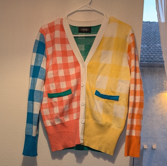 Cider colorful check picnic cardigan sweater - sz S - Picture 3 of 5
